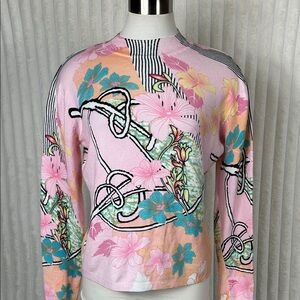 Vivi pink floral, print, mock neck, lightweight rayon blend sweater XL